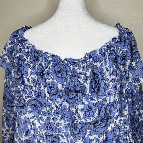 Ann Taylor Petite White & Blue Floral Off the Shoulder 3/4 Sleeve Flowy Top LP - Picture 7 of 11